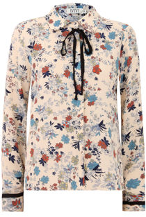 Beige Floral Print Pussybow Shirt