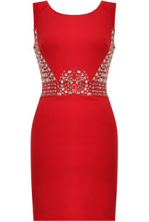Red Gem Trim Tight Fitting Evening Dress