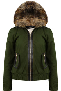 Khaki Fur Hooded Side Pocket Bomber Jacket