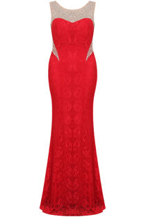 Red Premium Diamante Detail Lace Maxi Dress