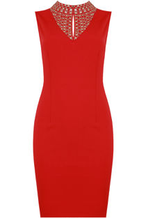 Red Stone Textured Front Cut Out Bodycon Dress