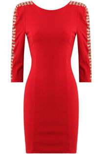 Jewel Embellished Long Sleeve Red Bodycon Dress