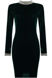 Black and Green Pearl Velvet Textured Bodycon Dress