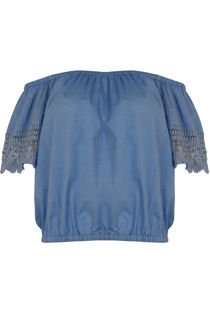 Crochet Sleeve Off Shoulder Tops in Blue and Dark Blue