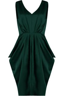Green Satin V Neck Dress With Graduated Pleats