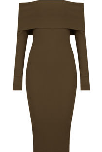Khaki Bardot Fold Over Midi Dress