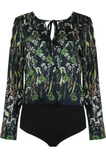 Navy Printed Tie Neck Bodysuits