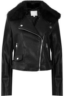 Black Detachable Fur Collar PU Biker Jacket