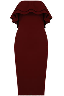 Wine Off The Shoulder Layered Frill Trim Midi Dress