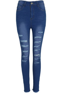 Mid Blue Skinny High Waisted Slashed Jeans