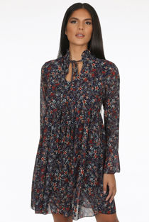 Navy Chiffon Floral Print Front Knotted Mini Dress