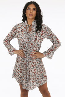 Beige Chiffon Floral Print Front Knotted Mini Dress