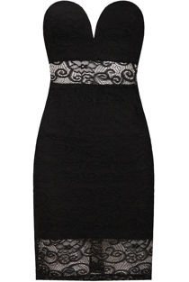 Black Lace Embroidered Bandeau Strapless Fitted Pencil Dress