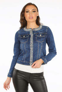 Pearls & Stones Trim Dark Denim Jacket