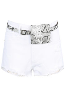 White Denim Ripped With Reptile Print Belted Shorts