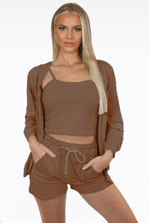 Brown 3 Piece Set Cami Short And Hoodie Set