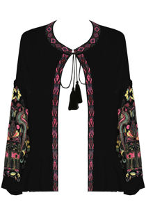 Black Floral Embroidery Front Tie Up Tops 