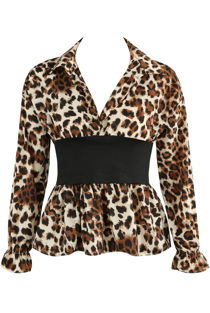 Beige Leopard Print Banded Waist Peplum Blouse