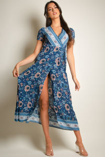 Blue Vintage Floral Print Wrap Maxi Dress
