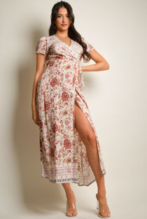 Beige Vintage Floral Print Wrap Maxi Dress