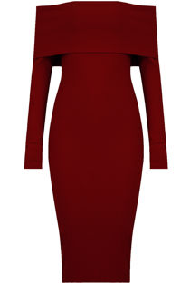 Wine Bardot Fold Over Midi Dress