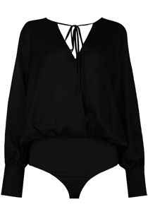 Black Satin Cross Over Front Tie Up Bodysuit