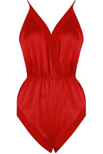 Red Satin Teddy with Chiffon Trim