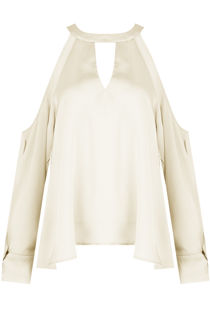 Beige Satin Cold Shoulder Front Cut Out Blouse