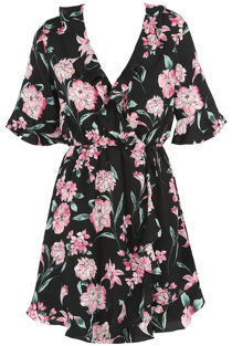 Black Floral Print Overlay Frill Mini Dress