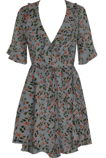 Vintage Floral Ruffle Wrap Look Day Dress In Blue