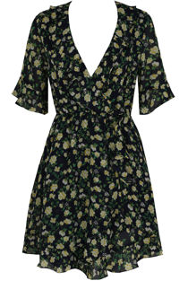 Vintage Floral Ruffle Wrap Look Day Dress In Navy