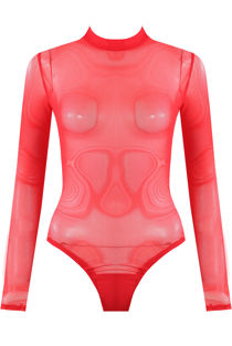 Red Mock Neck Sheer Mesh Bodysuit