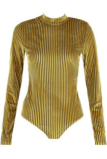 Yellow Velvet Stripes Mock Neck Bodysuit