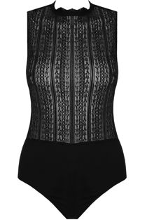 Black Embroidery High Neck Netted Bodysuit