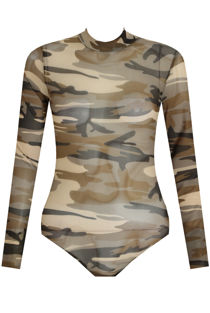 Brown Camouflage Print High Neck Bodysuit