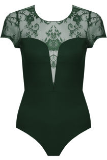 Green Floral Lace Back Zip Up Bodysuit 