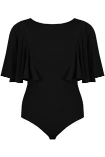 Black Frilled Bell Sleeve Open Back Bodysuit