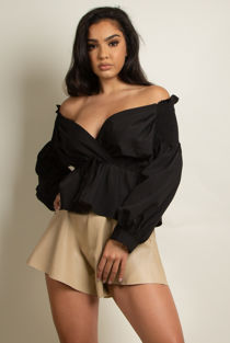 Black Bardot Wrap Peplum Blouse
