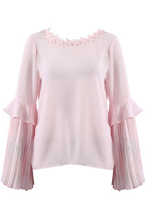 Rose Flower Neckline Pleated Sleeves Blouse