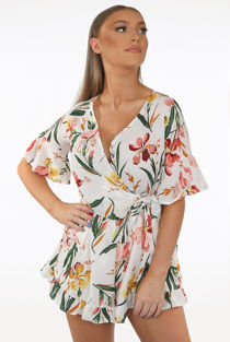 White Floral Print Side Knotted Wrap Up Playsuit