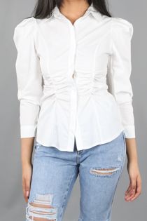 White Ruched Waist Fitted Shirt