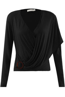 Black Ribbed O Ring Shawl Overlap Blouse
