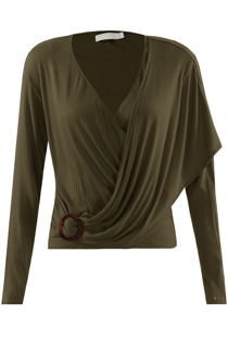 Khaki Ribbed O Ring Shawl Overlap Blouse