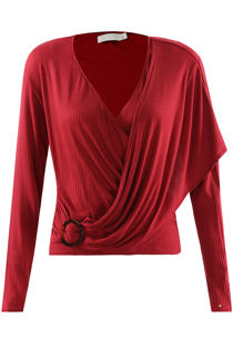 Wine Ribbed O Ring Shawl Overlap Blouse
