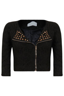 Black Lace Cropped Sleeved Gold Stud Trim