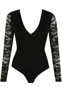 Black Floral Lace Trim Long Sleeves Bodysuit