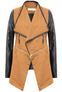 Camel Round Zip Detail Contrast PVC Sleeve Jacket