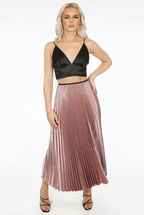 Rose and Green Satin Pleated Midi Skirt