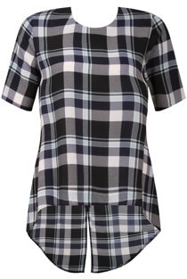 Navy Check Split Back Chiffon Top
