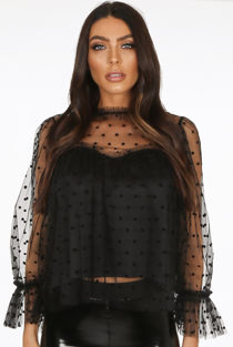 Black Polka Dot Mesh Sleeve Blouse
